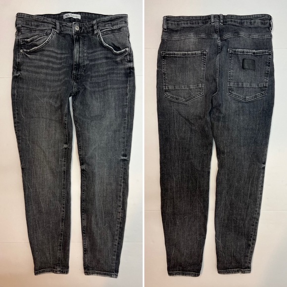Zara Jeans Mens Zara Faded Black Distressed Stretchy Tapered Leg 36